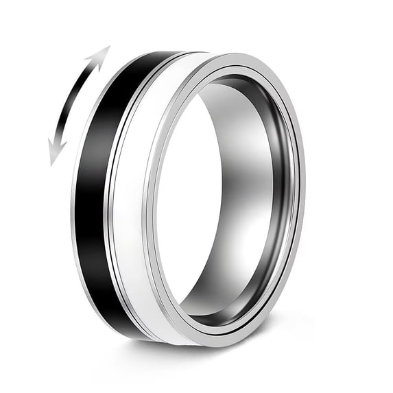 PAMTIER Fidget Spinner Ring for Anxiety Relief Men Women Spinner Rings Rotatable Stainless Steel Band with Black White Spinning Stripes Size 11