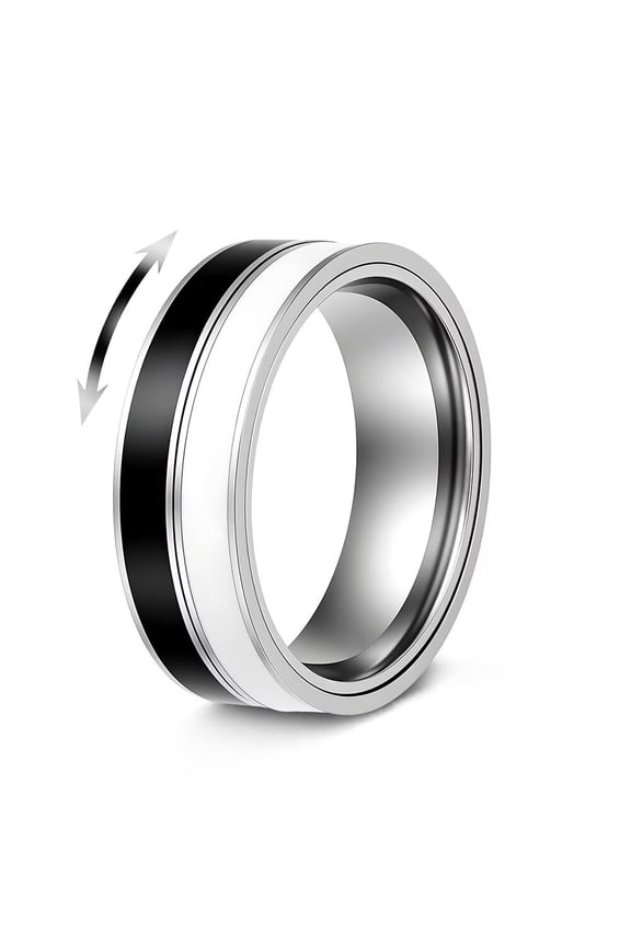 Fidget Spinner Ring for Anxiety Relief Men Women Spinner Rings Rotatable Stainless Steel Band with Black White Spinning Stripes Size 8