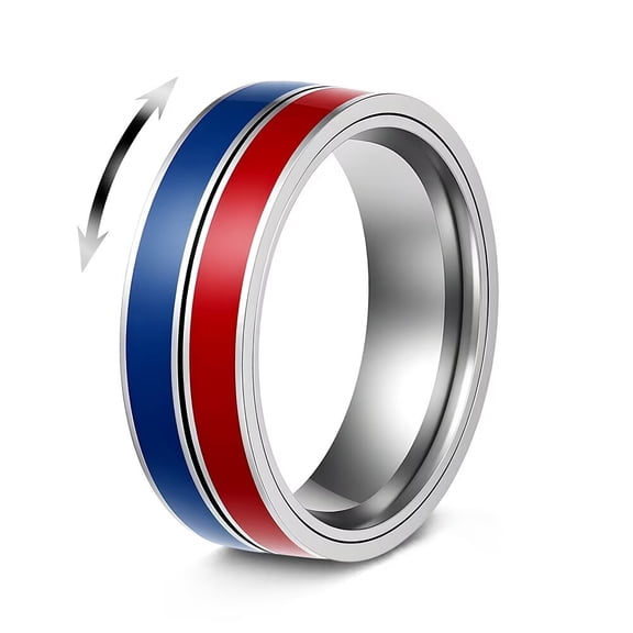 PAMTIER Fidget Spinner Ring for Anxiety Relief Men Women Spinner Rings Rotatable Stainless Steel Band with Blue Red Spinning Stripes Size 9