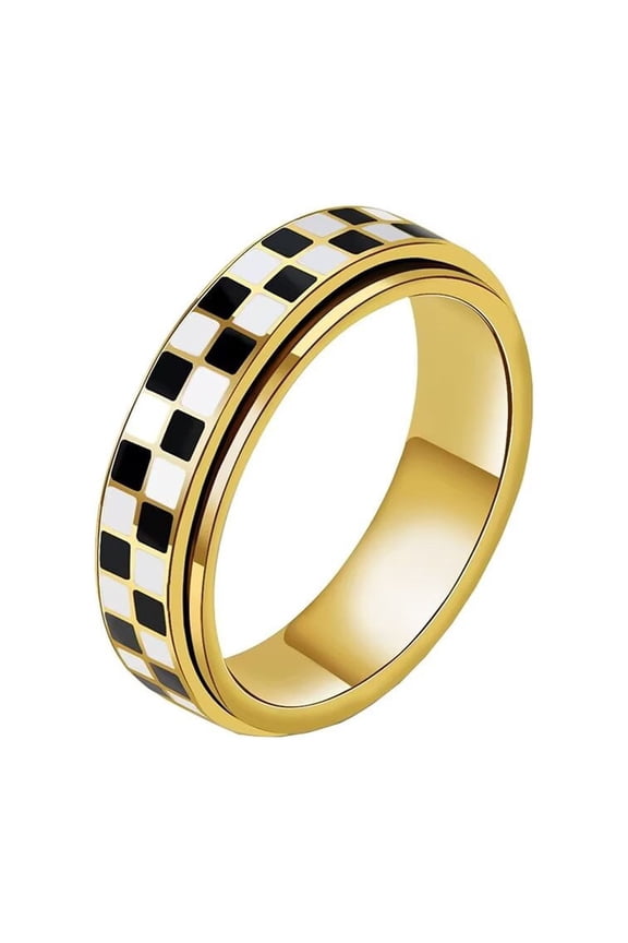 Fidget Spinner Ring for Women Men Black and White Checkered Pattern Stainless Steel Anxiety Relief Thumb Rings Relieving Boredom Gold Size 6