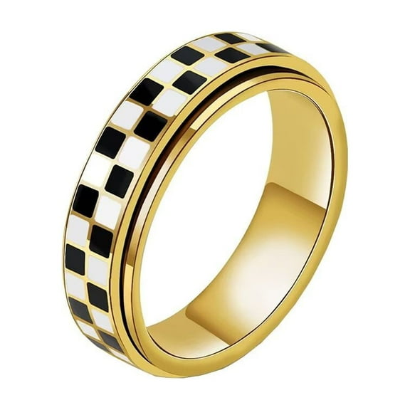 PAMTIER Fidget Spinner Ring for Women Men Black and White Checkered Pattern Stainless Steel Anxiety Relief Thumb Rings Relieving Boredom Gold Size 7