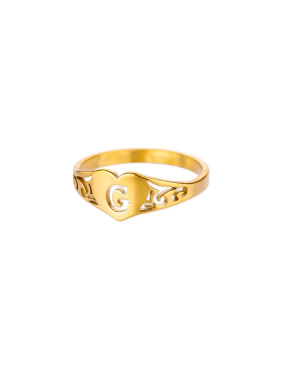 Gold Plated Initial Heart Finger Ring for Women Stainless Steel Personalized A-Z Alphabet Jewelry G Size 7