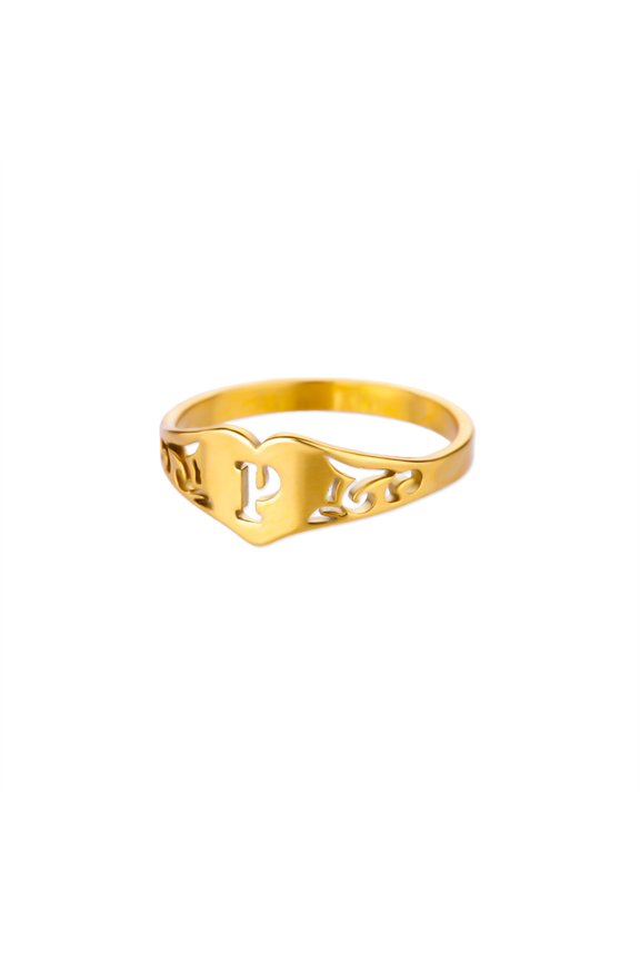 Gold Plated Initial Heart Finger Ring for Women Stainless Steel Personalized A-Z Alphabet Jewelry P Size 6