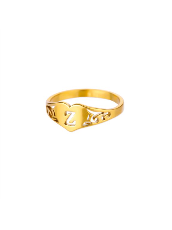 Gold Plated Initial Heart Finger Ring for Women Stainless Steel Personalized A-Z Alphabet Jewelry Z Size 6