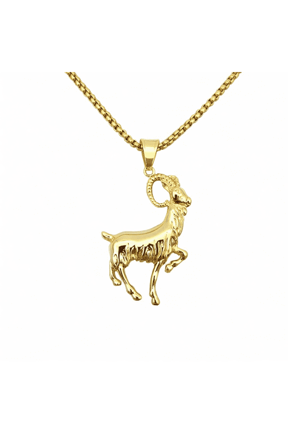 Gold Ram Pendant Necklace for Men Women Stainless Steel Chain Bold Statement Hip Hop Power Capricorn Zodiac Inspired