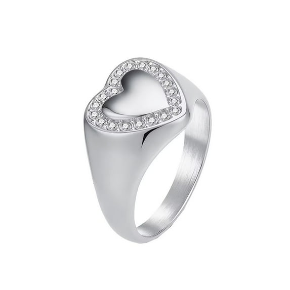 PAMTIER Heart Shape Rings for Women Non-Tarnish Stainless Steel Band with Zirconia Romantic Promise Signet Ring Silver Size 9