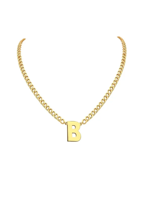 Initial Necklace for Mens Cuban Chain A-Z Letter Pendant Necklaces Stainless steel Anniversary Christmas Jewelry Gold B