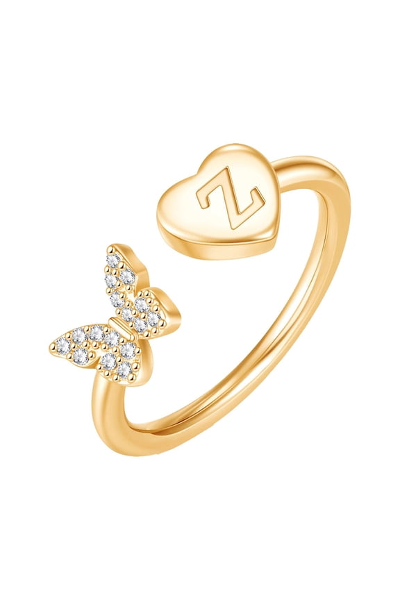 Initial Rings for Women Butterfly Silver Rose Gold Plated Open Adjustable Letter A-Z Cubic Zirconia Cute Name Stainless Steel Cute Statement Dainty Capital Monogram Jewelry Gold Letter Z