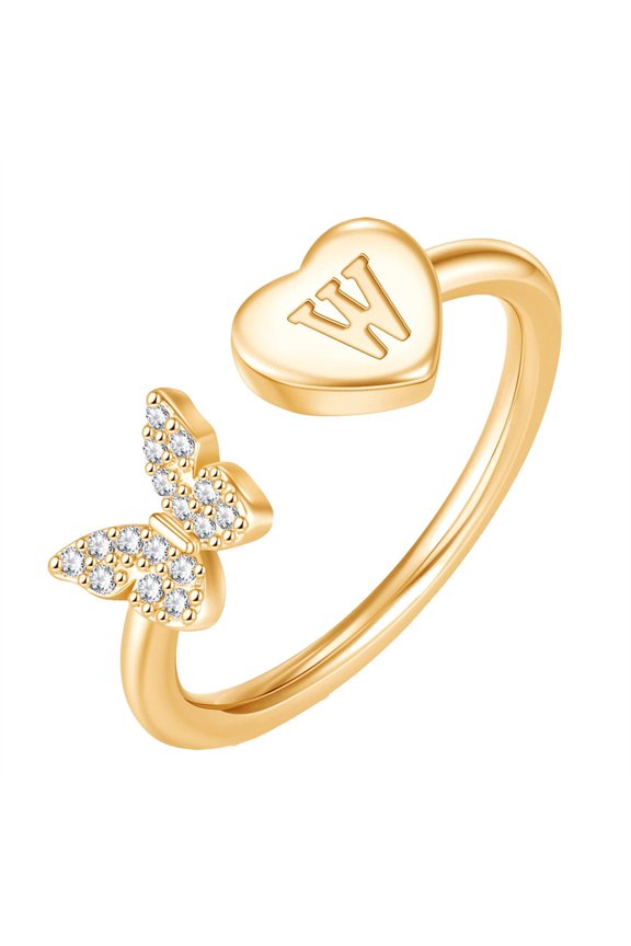Initial Rings for Women Butterfly Silver Rose Gold Plated Open Adjustable Letter A-Z Cubic Zirconia Cute Name Stainless Steel Cute Statement Dainty Capital Monogram Jewelry Gold Letter W