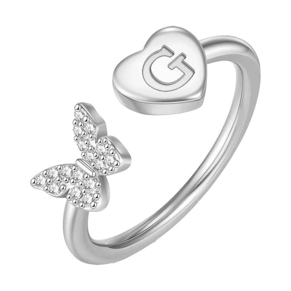 PAURO Initial Rings for Women Butterfly Silver Rose Gold Plated Open Adjustable Letter A-Z Cubic Zirconia Cute Name Stainless Steel Cute Statement Dainty Capital Monogram Jewelry Silver Letter G