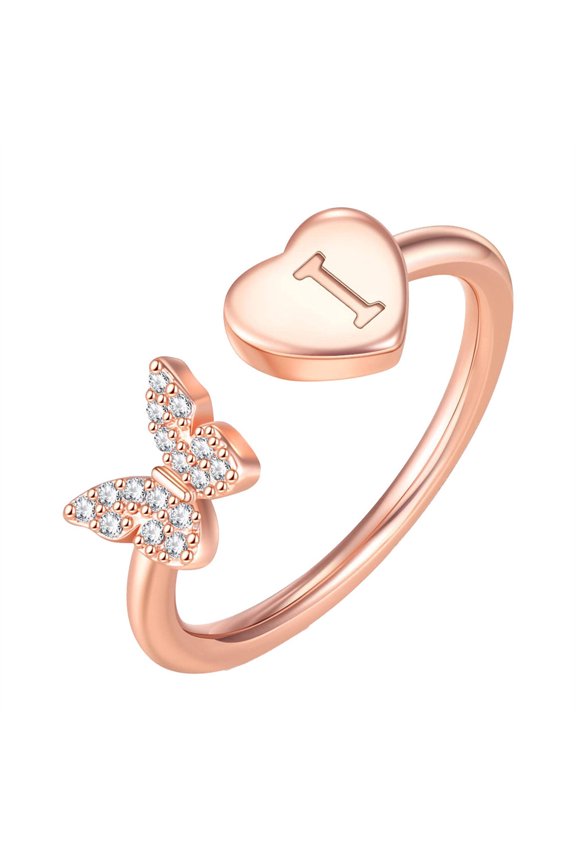 Initial Rings for Women Butterfly Silver Rose Gold Plated Open Adjustable Letter A-Z Cubic Zirconia Cute Name Stainless Steel Cute Statement Dainty Capital Monogram Jewelry Rose Gold Letter I