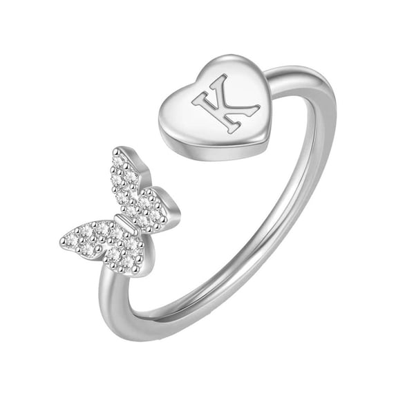 PAURO Initial Rings for Women Butterfly Silver Rose Gold Plated Open Adjustable Letter A-Z Cubic Zirconia Cute Name Stainless Steel Cute Statement Dainty Capital Monogram Jewelry Silver Letter K