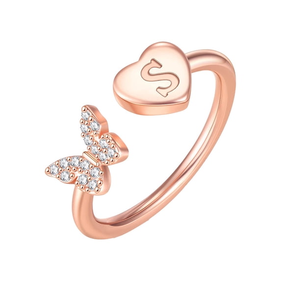 PAURO Initial Rings for Women Butterfly Silver Rose Gold Plated Open Adjustable Letter A-Z Cubic Zirconia Cute Name Stainless Steel Cute Statement Dainty Capital Monogram Jewelry Rose Gold Letter S