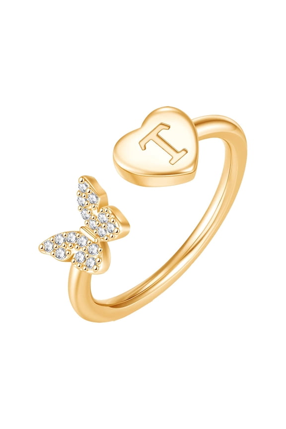 Initial Rings for Women Butterfly Silver Rose Gold Plated Open Adjustable Letter A-Z Cubic Zirconia Cute Name Stainless Steel Cute Statement Dainty Capital Monogram Jewelry Gold Letter T