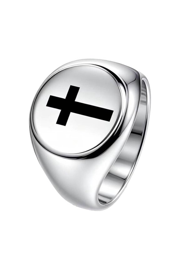 Inverted Cross Oval Wide Face Signet Ring for Men Stainless Steel Gothic Jewelry Unisex Statement Alternative Style