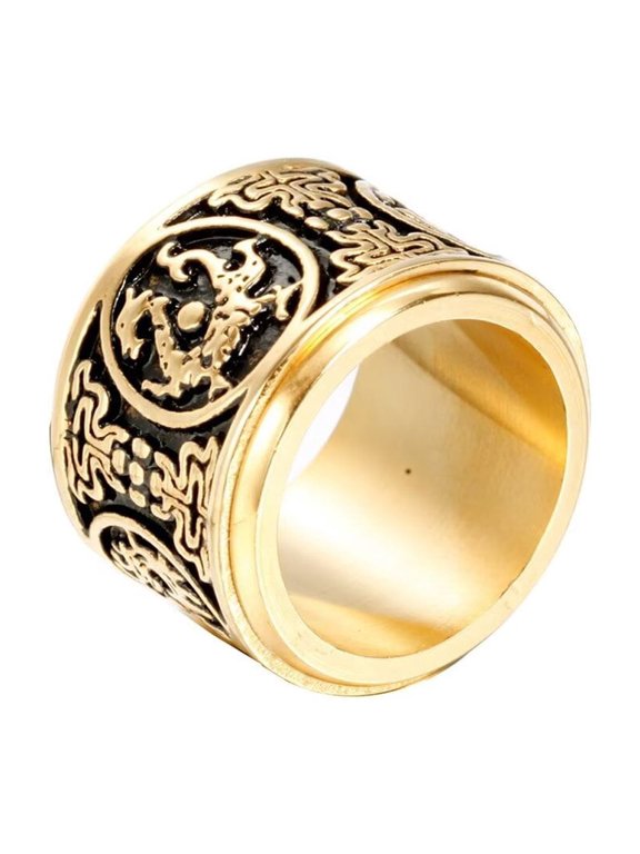 Men Stainless Steel Chinese Ancient 4 Guardian Beast Rotatable Signet Biker Ring Carved Dragon, White Tiger, Suzaku, Basalt Gold Size 12