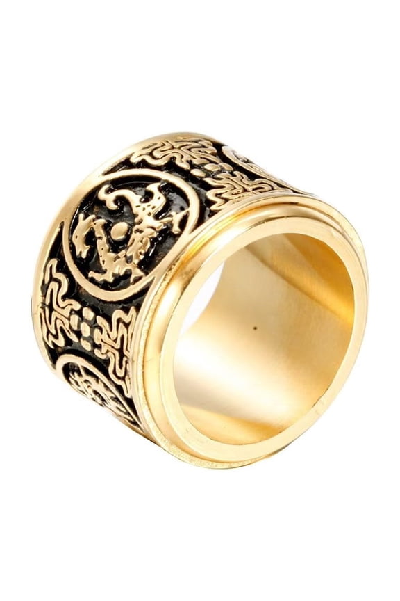 Men Stainless Steel Chinese Ancient 4 Guardian Beast Rotatable Signet Biker Ring Carved Dragon, White Tiger, Suzaku, Basalt Gold Size 7