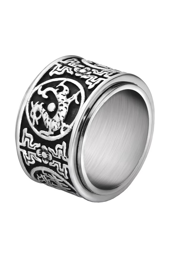 Men Stainless Steel Chinese Ancient 4 Guardian Beast Rotatable Signet Biker Ring Carved Dragon, White Tiger, Suzaku, Basalt Silver Size 10