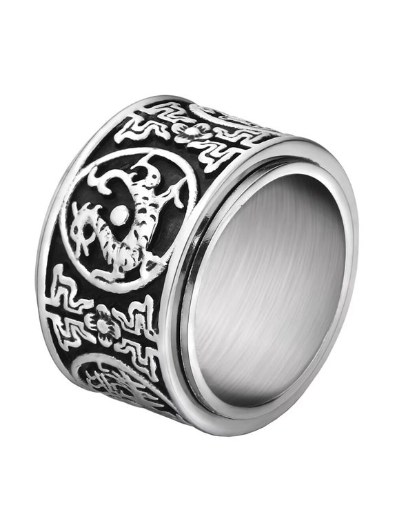 Men Stainless Steel Chinese Ancient 4 Guardian Beast Rotatable Signet Biker Ring Carved Dragon, White Tiger, Suzaku, Basalt Silver Size 10