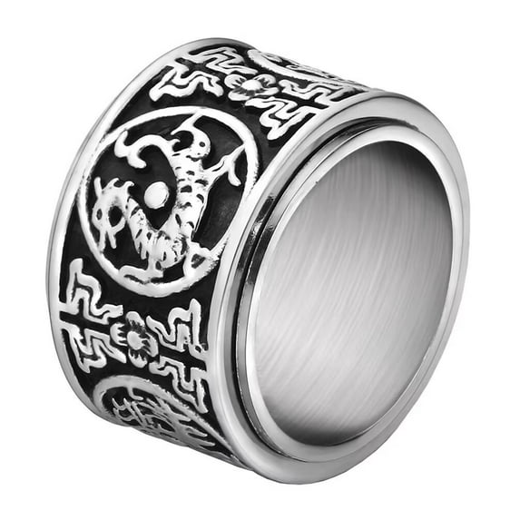 PAMTIER Men Stainless Steel Chinese Ancient 4 Guardian Beast Rotatable Signet Biker Ring Carved Dragon, White Tiger, Suzaku, Basalt Silver Size 7