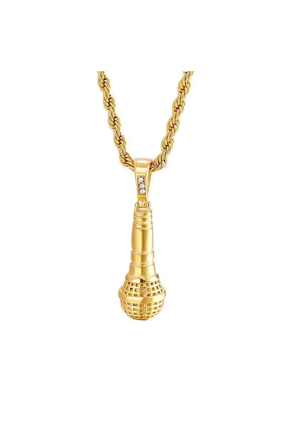 Men Stainless Steel Hip Hop Non-mainstream Rock Music Singer Crystal Inlay Microphone Pendant Necklace Gold with 23.6" Chain