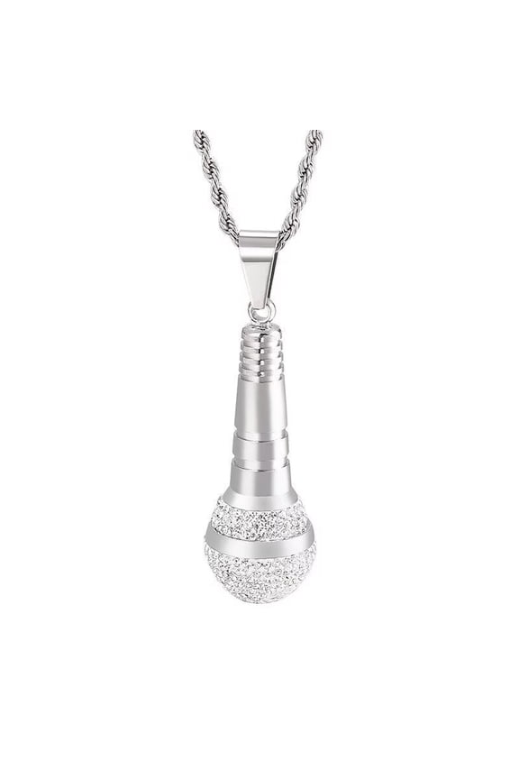Men Stainless Steel Hip Hop Non-mainstream Rock Music Singer Iced Out Rhinestones Microphone Pendant Necklace Silver Free Chain