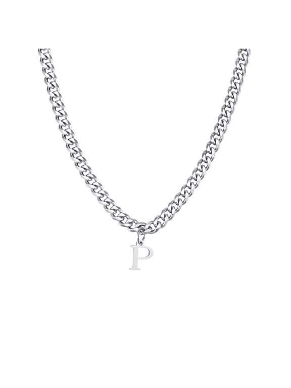 Men Stainless Steel Personalized Hip Hop Cool Solid Capital Large Initial A-Z 26 Letters Script Name Monogram Pendant Necklace Silver P
