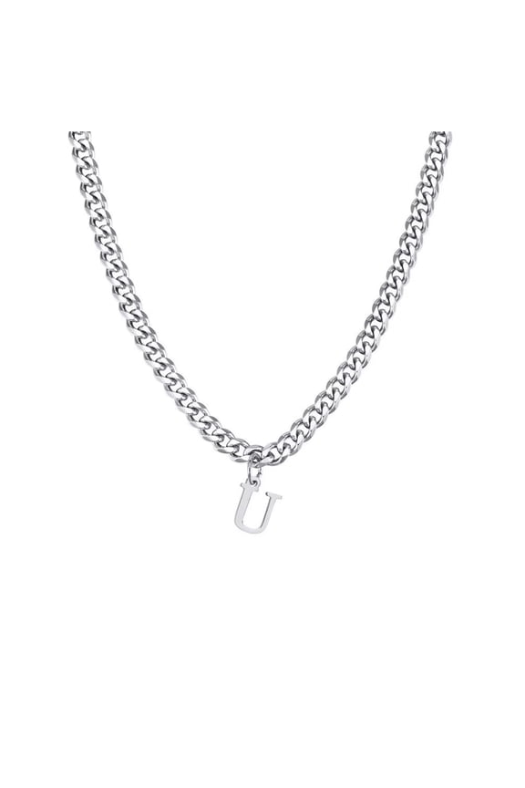 Men Stainless Steel Personalized Hip Hop Cool Solid Capital Large Initial A-Z 26 Letters Script Name Monogram Pendant Necklace Silver U