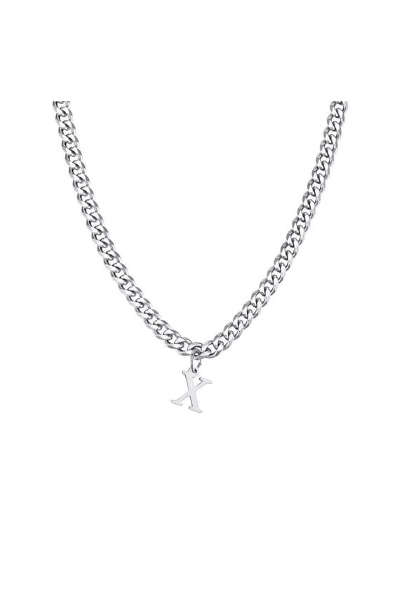 Men Stainless Steel Personalized Hip Hop Cool Solid Capital Large Initial A-Z 26 Letters Script Name Monogram Pendant Necklace Silver X