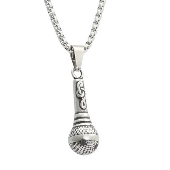 PAMTIER Men Stainless Steel Personalized Punk Vintage Hip Hop Musical Note Symbol Carved Microphone Biker Pendant Necklace with Chain