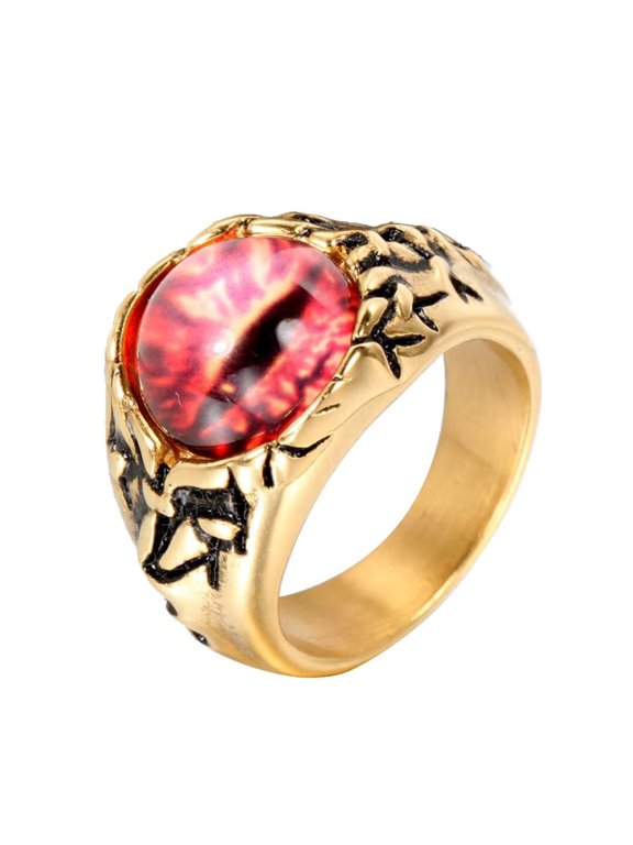 Men Stainless Steel Retro Punk Evil Devil Bloody Pink Eye Gothic Biker Dragon Eyes Ring of Hell Demon Ghost CZ Gold Plated Black Size 10