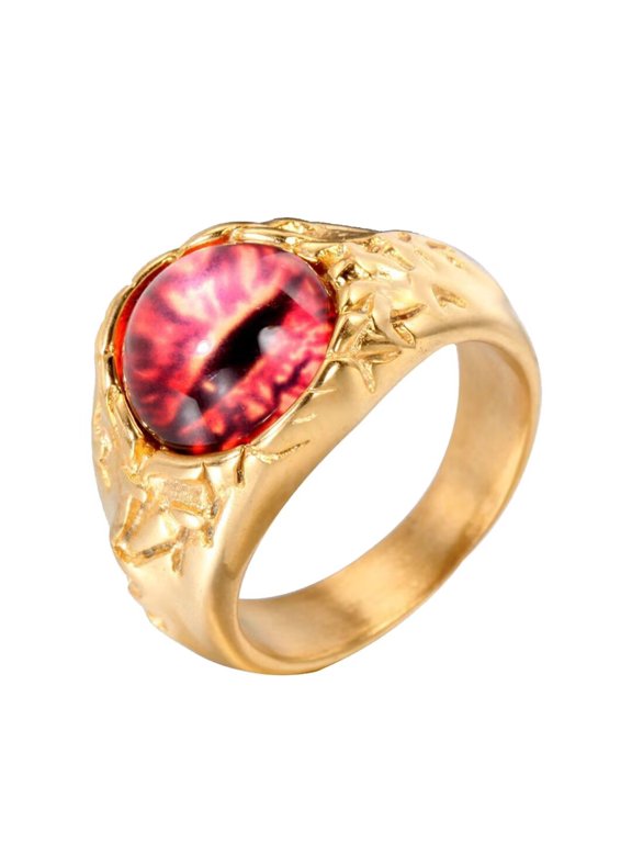 Men Stainless Steel Retro Punk Evil Devil Bloody Pink Eye Gothic Biker Dragon Eyes Ring of Hell Demon Ghost CZ Gold Plated Size 13