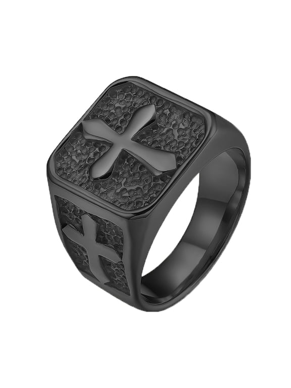 Men Stainless Steel Square Cross Signet Ring Religious Christian Faith Jewelry Vintage Textured Bold Statement Band Classic Daily Wear Black Size 13