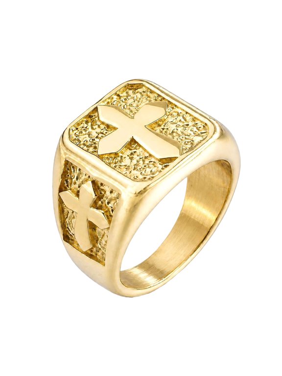 Men Stainless Steel Square Cross Signet Ring Religious Christian Faith Jewelry Vintage Textured Bold Statement Band Classic Daily Wear Gold Plated Size 12