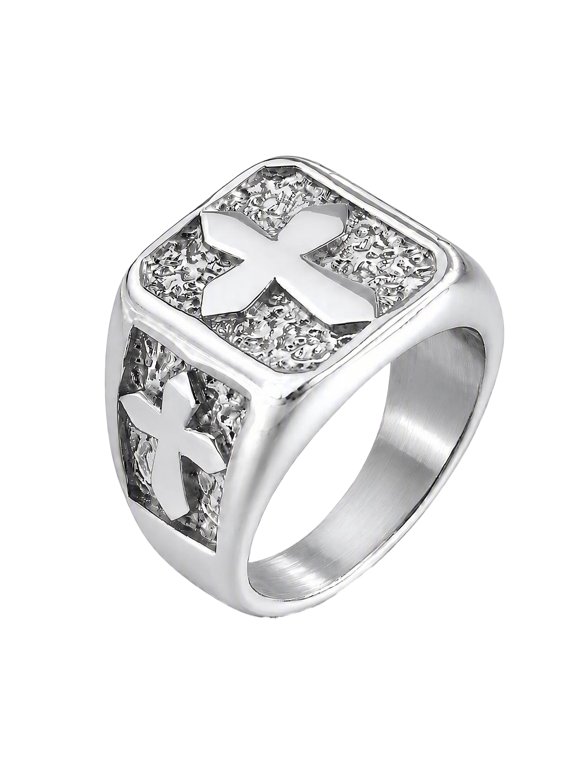 Men Stainless Steel Square Cross Signet Ring Religious Christian Faith Jewelry Vintage Textured Bold Statement Band Classic Daily Wear Silver Plated Size 12