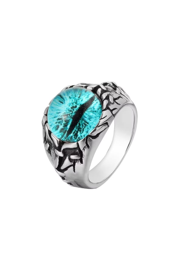 Men Stainless Steel Vintage Punk Evil Devil Gothic Biker Blue Dragon Eyes Biker Ring of Hell Demon Ghost Diamond Silver Tone Size 7