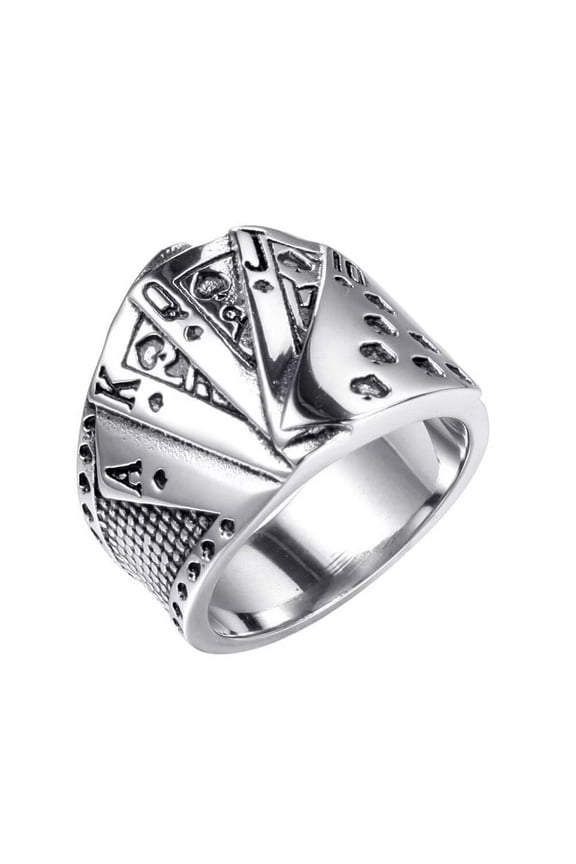 Men Stainless Steel Vintage Texas Poker Straight Flush Digital Punk Biker Ring Lucky Royal Games Casino Cocktail Party Biker Silver Size 7