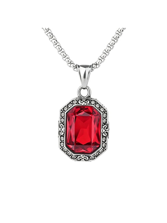 Men Vintage Octagon Square Crystal Pendant Necklace Filigree Scrollwork Frame Stainless Steel Distressed Hip Hop Gothic Chunky Jewelry Red