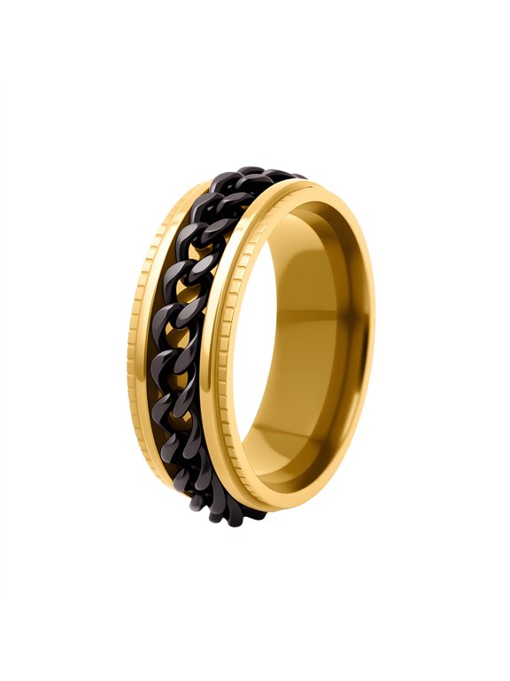 Men Vintage Spinner Cuban Link Ring Classic Simple 8MM Wide Band Stainless Steel Gear Grooved Edge Hip Hop Punk Trendy Statement Jewelry Gold Plated Black Size 14