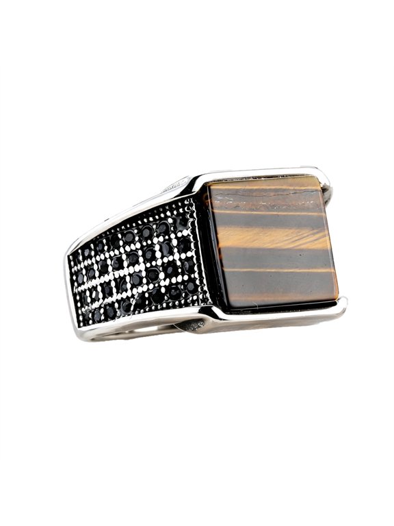 Men Vintage Square Gemstone Signet Ring Stainless Steel Silver Plated Wide Grid CZ Band Gothic Hip Hop Punk Western Ethnic Finger Jewelry Brown Size 12