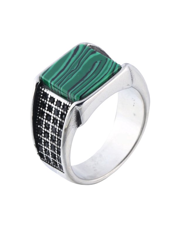 Men Vintage Square Gemstone Signet Ring Stainless Steel Silver Plated Wide Grid CZ Band Gothic Hip Hop Punk Western Ethnic Finger Jewelry Green Size 9