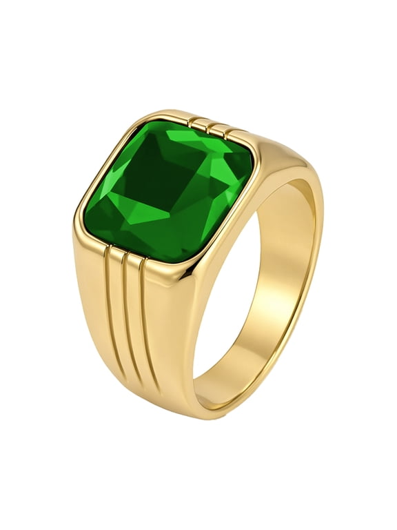 Men Vintage Square Green Gemstone Signet Biker Ring Gold Plated Stainless Steel Band Minimalist Chunky Statement Jewelry Size 9