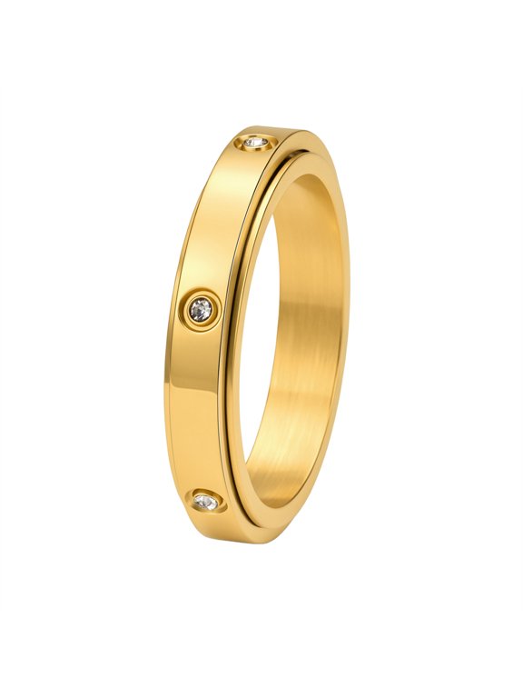 Men Women 4mm Stainless Steel Polished Cubic Zirconia Spinner Ring Minimalist Classic Stackable Thin Band Gold Plated Size 9