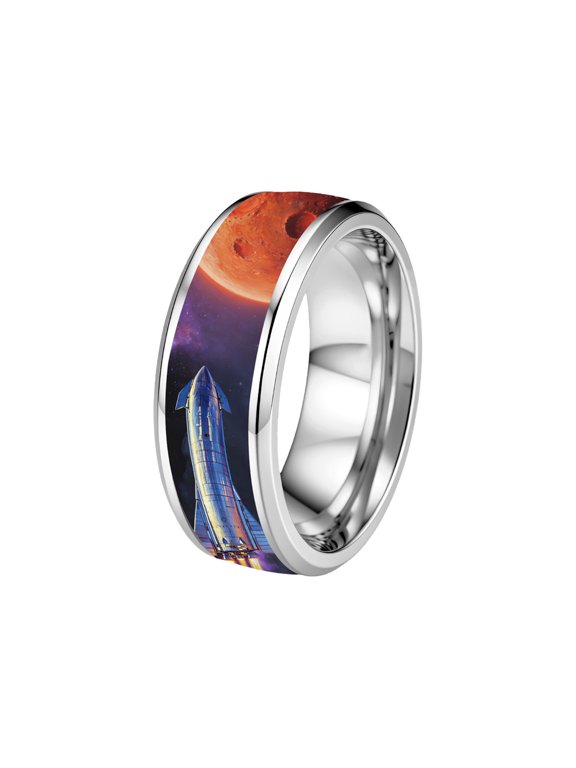 Men Women Space Galaxy Theme Print Ring Sci-Fi Personality Statement Band Stainless Steel Fun Novelty Jewelry Silver Plated Size 11