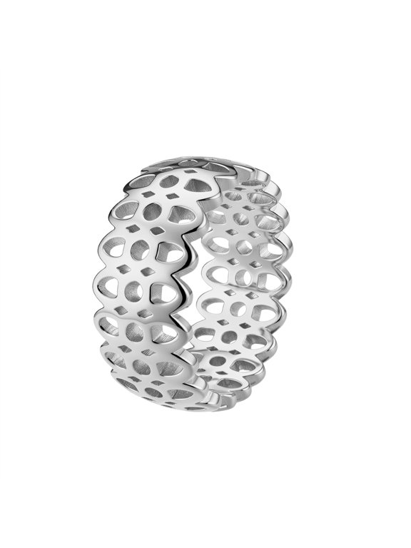 Men Women Stainless Steel Cherry Blossom Hollow Ring Vintage Wide Carved Band Simple Unique Personalized Statement Jewelry Silver Plated Size 10