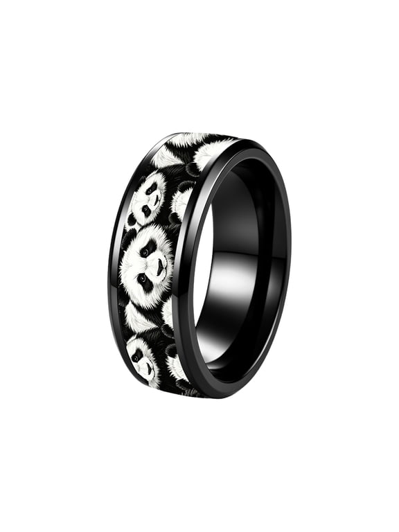 Men Women Stainless Steel Cute Panda Ink Print Ring Fun Quirky Casual Everyday Novelty Band Unique Personality Jewelry, Animal Lovers Memorial Accessory Black Plated Size 6