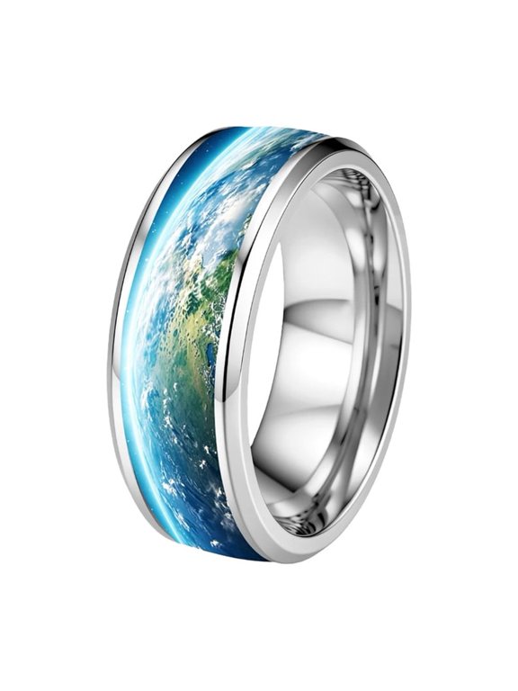 Men Women Stainless Steel Universe Earth Pattern Print Ring Polished Beveled Edge Band Unique Space Galaxy Theme Statement Jewelry Silver Plated Size 8