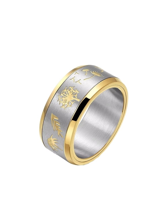 Men's 10MM Creative Classic Hip Hop Nature Plants Dandelion Wish Band Rotatable Ring Worry Anxiety Relieve Lucky Amulet Gold Size 10