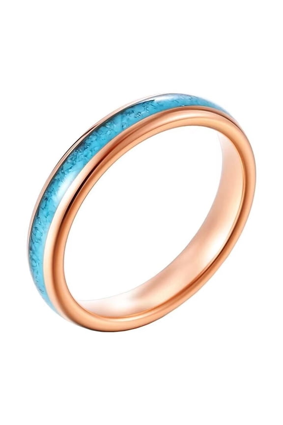 Men's 4mm Tungsten Steel Classic Dome Thin Stackable Synthetic Turquoise Gemstone Inlay Pinky Ring Wedding Band Matching Set Rose Gold Size 9