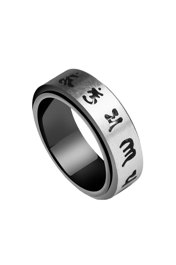 Men's 8mm Lucky Hollow Stainless Steel Buddhist Six Word Mantra Rotatable Ring Om Mani Padme Hum Worry Fidget Rings Black Size 9